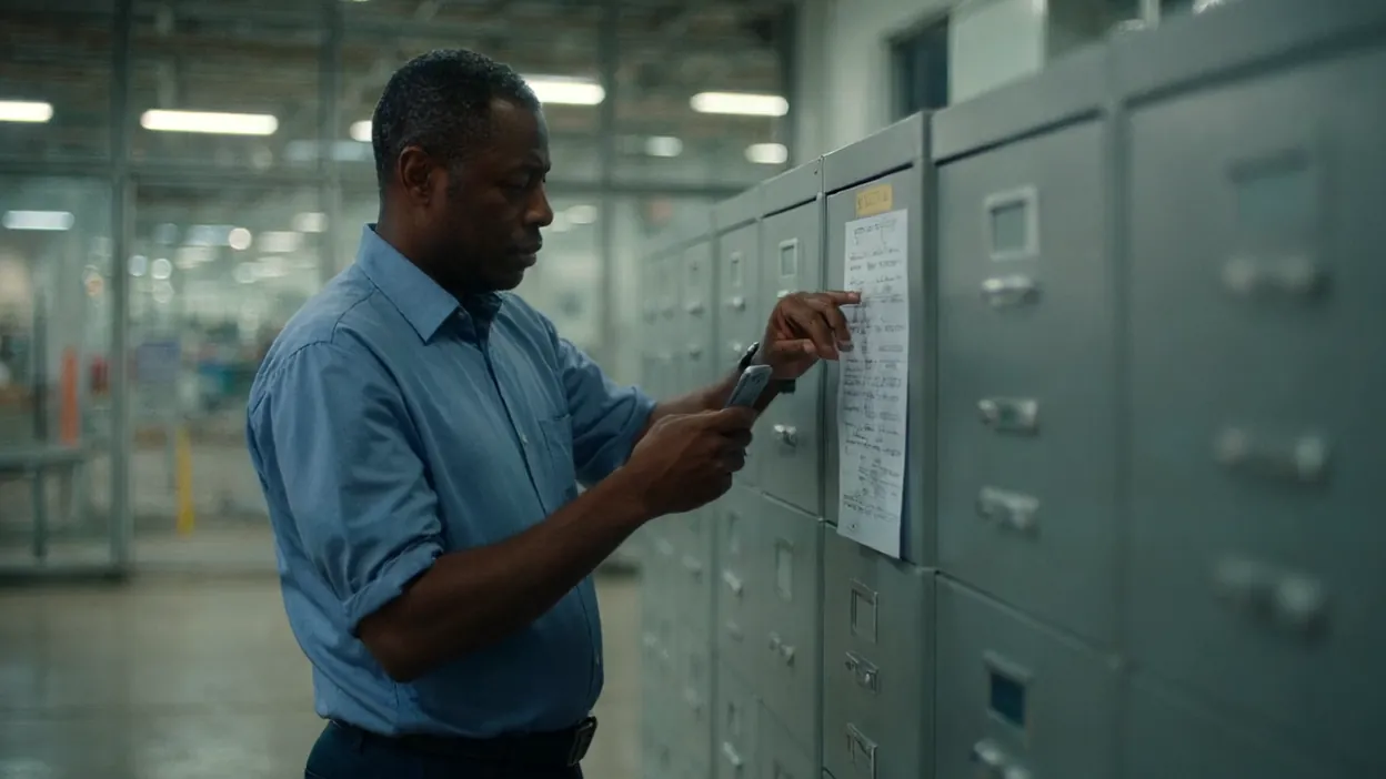 A man in a blue shirt stands at a row of gray filing cabinets, phone in one hand, tracing a printed phone list taped to a drawer with the other.