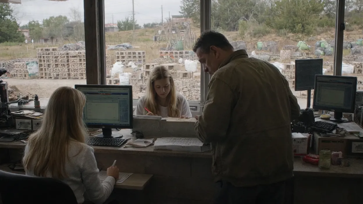 Staff at a supply yard counter write orders by hand while a customer waits, stacked pallets visible outside.