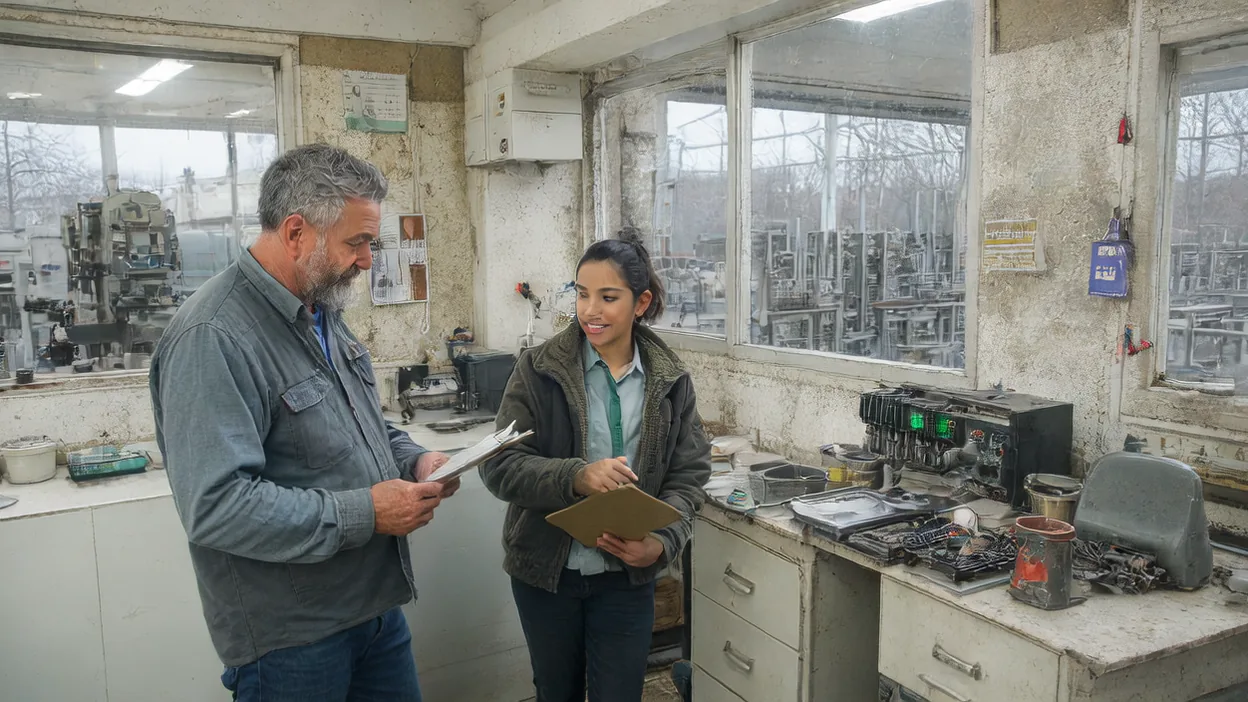 A machine shop owner and an IT technician with a clipboard review a checklist in the shop office, machines visible through the window.