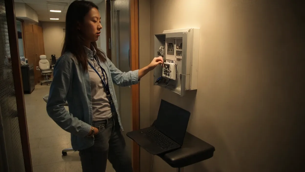 A young technician in a denim shirt works on equipment in an open wall cabinet in a dim office hallway, her laptop open on a stand beside her.