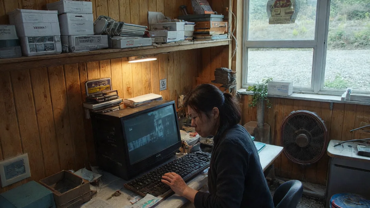 A business owner works at an old computer in a cramped wood-paneled back office, boxes of supplies stacked on the shelf above.