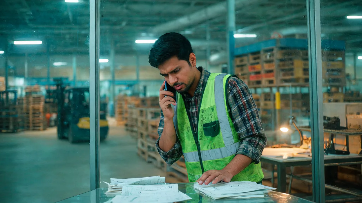 A warehouse supervisor in a safety vest listens on his phone with a doubtful look, papers spread on the desk in front of him.