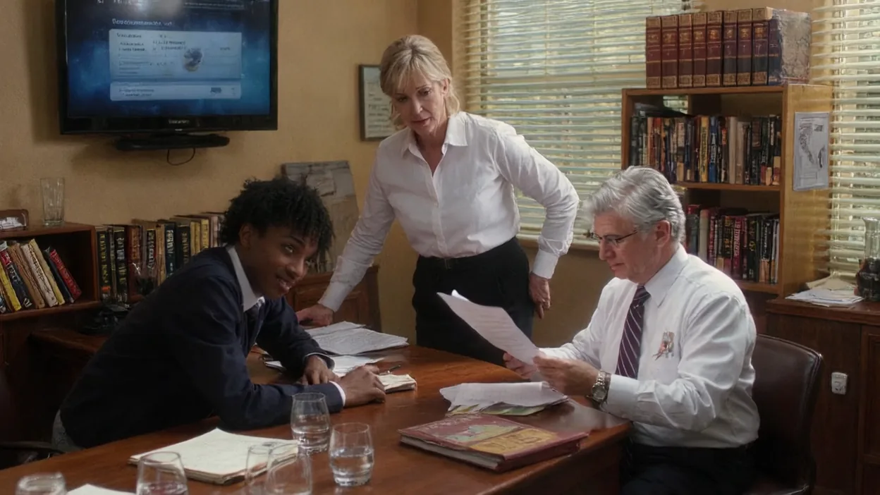 Three staff at a law office conference table compare printed emails while one points to an example on a wall screen.