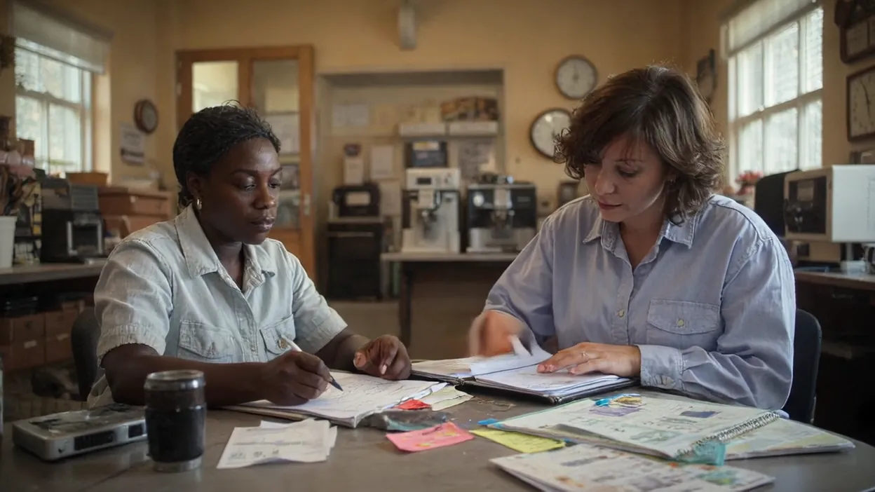 Two women write up recovery steps together at a break room table covered in notes.