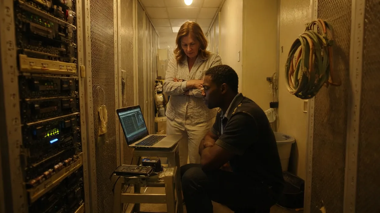 A technician runs a restore on a laptop in a narrow server closet while the business owner watches over his shoulder.