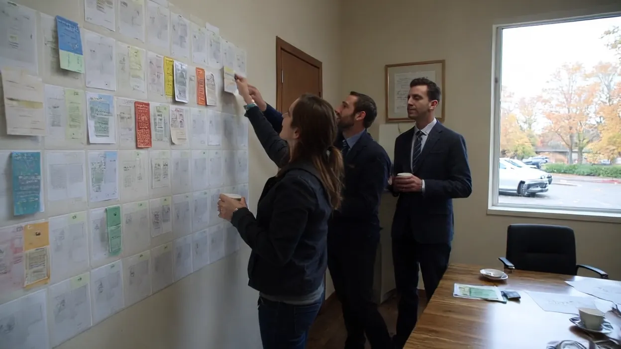 Three coworkers pin colored cards to a wall calendar in a small office, planning the move in phases.