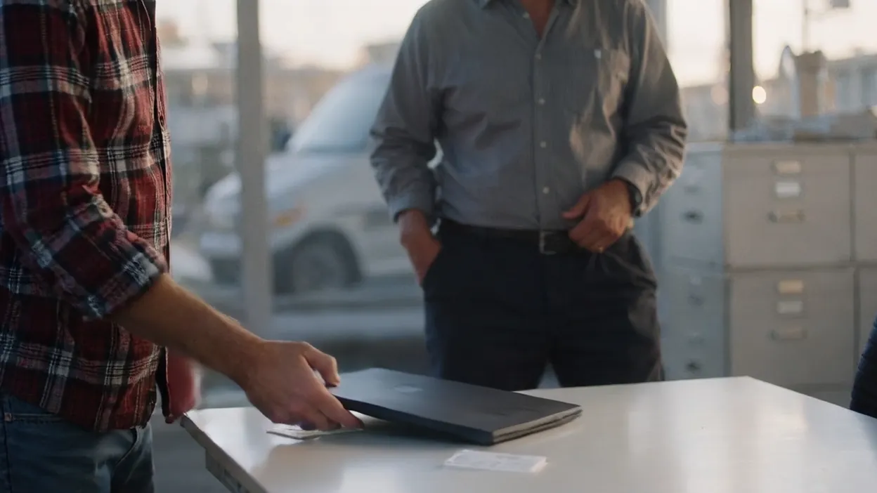 A man in a flannel shirt sets a closed laptop and keycard on a desk in front of a colleague standing with his hand on his belt by a window.
