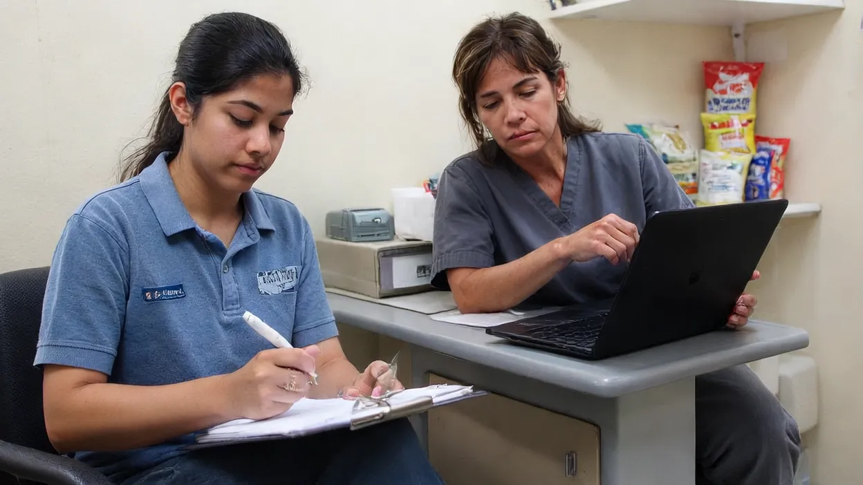 A technician signs a log on a clipboard while a clinic owner looks at a laptop beside her.