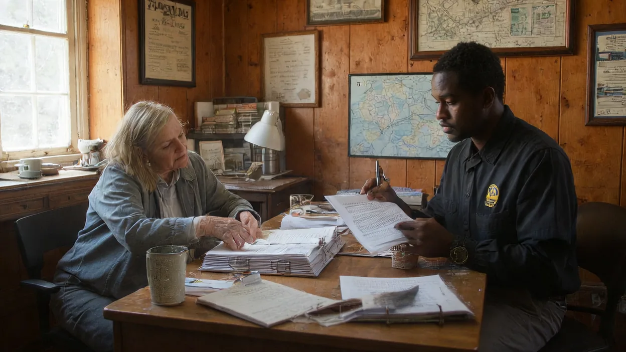 A business owner and an insurance agent go through a thick binder of IT records at a wooden desk in a wood-paneled office.