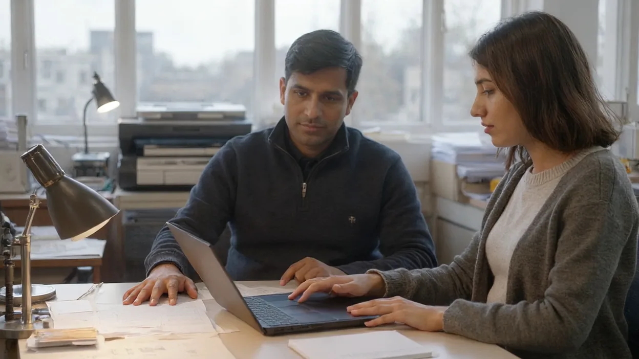 Two coworkers sit at a desk by tall windows, one resting his hands on printed sheets while the other works the laptop trackpad, a printer behind them.