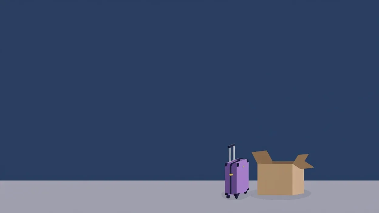 An illustration of a purple rolling suitcase beside an open cardboard moving box on a gray floor against a plain navy wall.