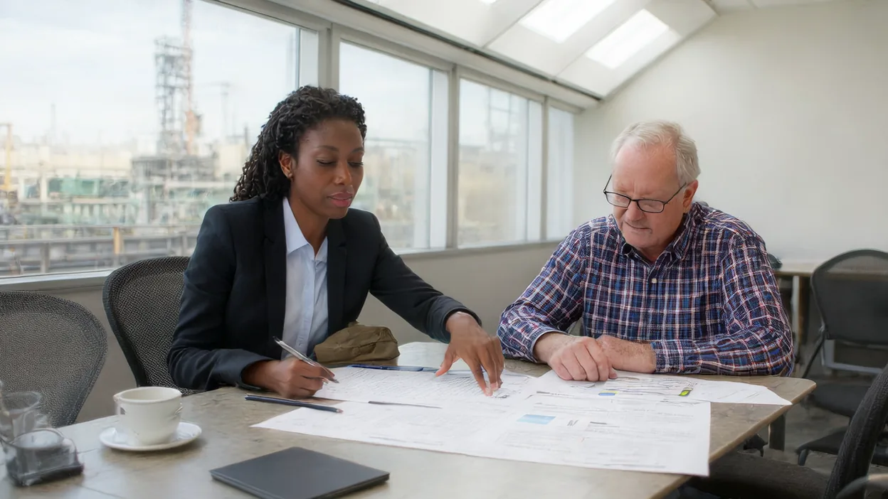 An IT manager and a business owner review printed charts at a conference table, with an industrial site outside the window.