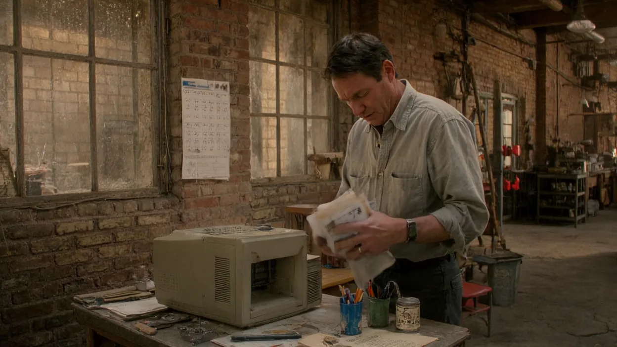 A machine shop owner leafs through a stack of repair invoices next to an old beige computer in a brick shop office.