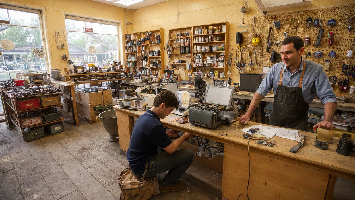 A technician kneels to work on equipment under a hardware store counter while the smiling owner leans on the counter above.