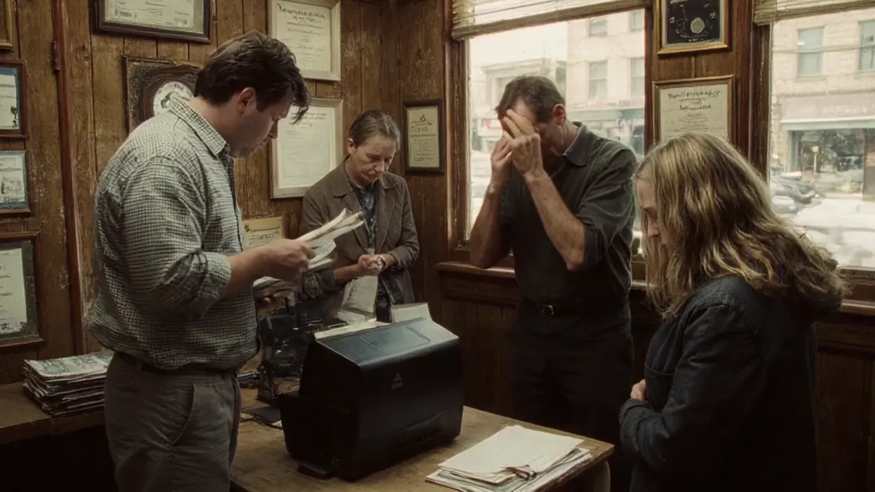 Office staff stand around a computer that won't start in a wood-paneled insurance agency, one rubbing his face.
