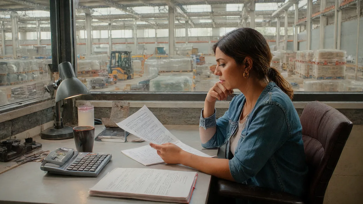 A warehouse owner reads a printed quote at her desk beside a calculator, the warehouse floor visible through the window.