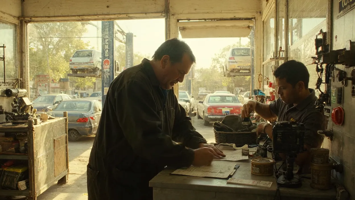 An auto repair shop owner works at the counter while a mechanic handles parts beside him, cars outside the open bay.