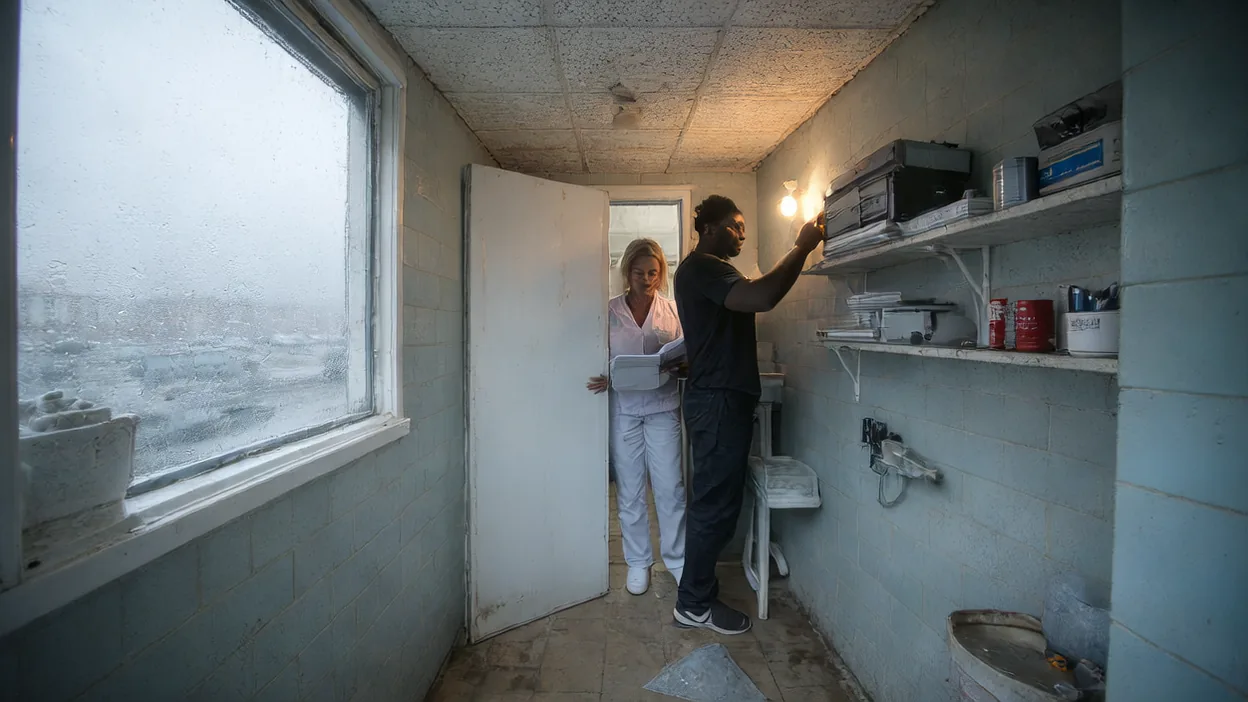 A technician works on equipment on a shelf in a small back room while a staff member holds a binder, rain on the window beside them.