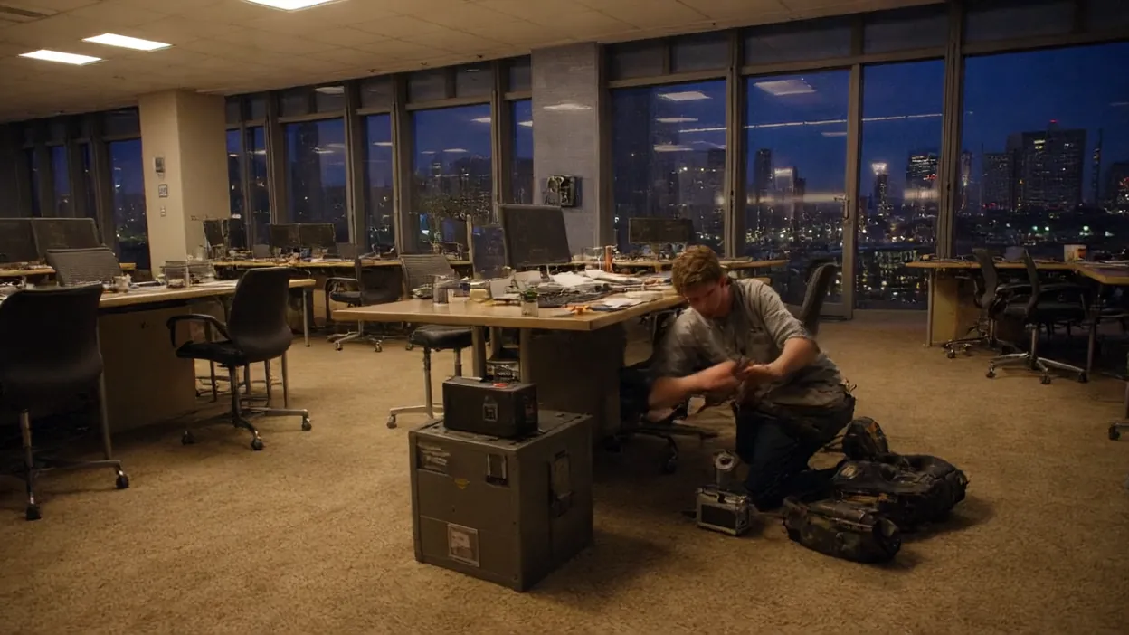 A technician kneels beside a battery backup unit in an empty office at night, city lights through the windows.