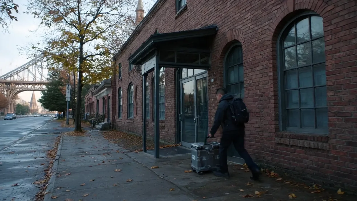 A technician wheels an equipment case along the sidewalk past a red-brick building with arched windows, a steel bridge in the distance.