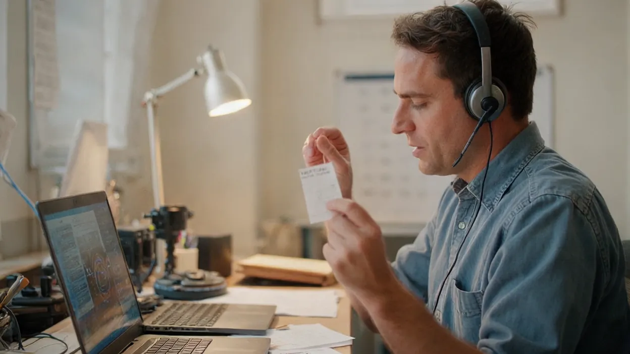 A help desk technician in a headset holds up a small printed card while talking a caller through recovery.