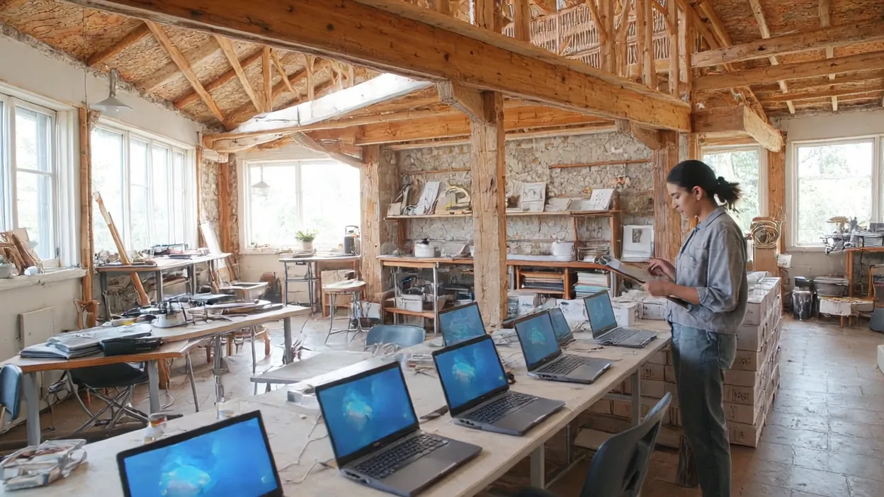 A technician checks a clipboard beside a long table of identical new laptops in a timber-beamed design studio.