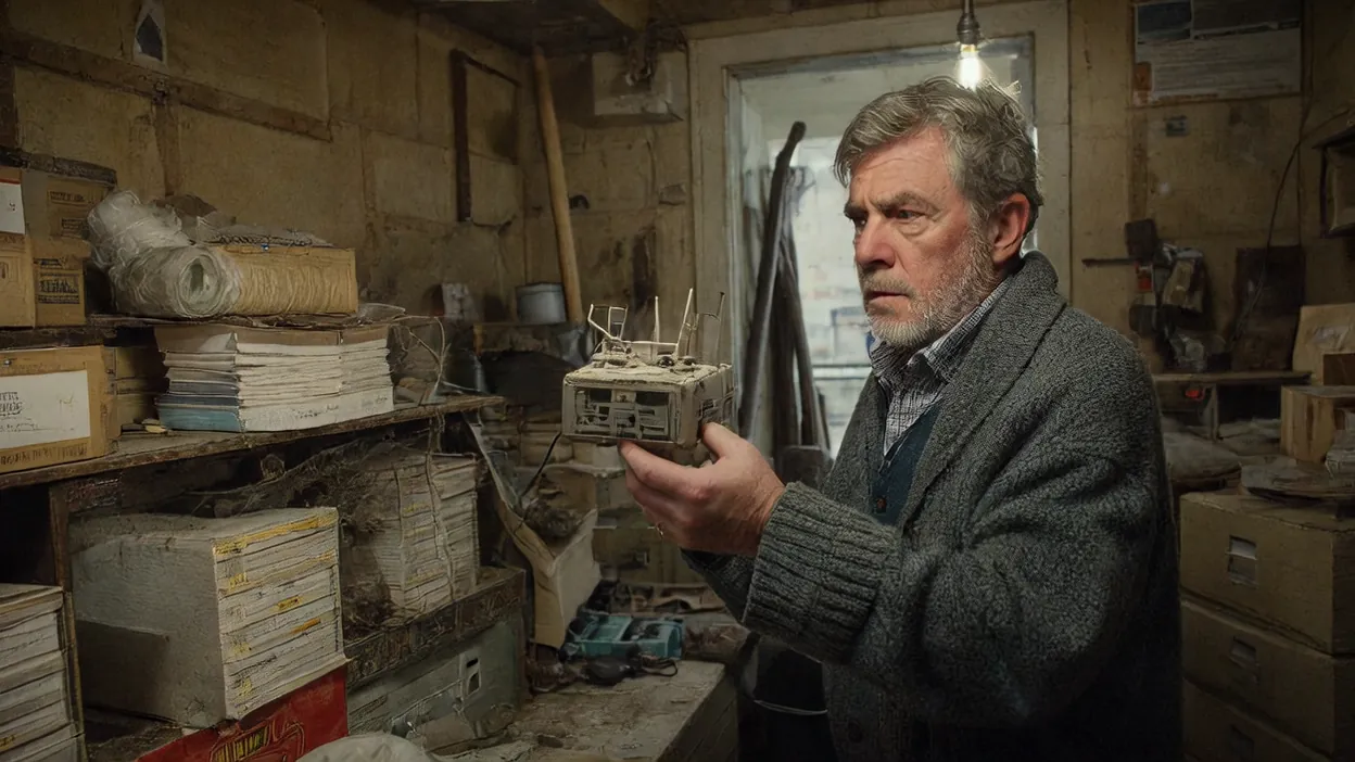 A business owner holds up a dusty home Wi-Fi router in a cluttered back office.