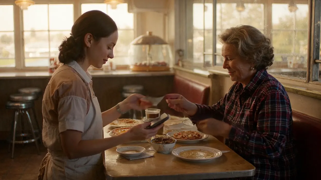A diner server holds a card reader at a booth while a customer hands over her card.