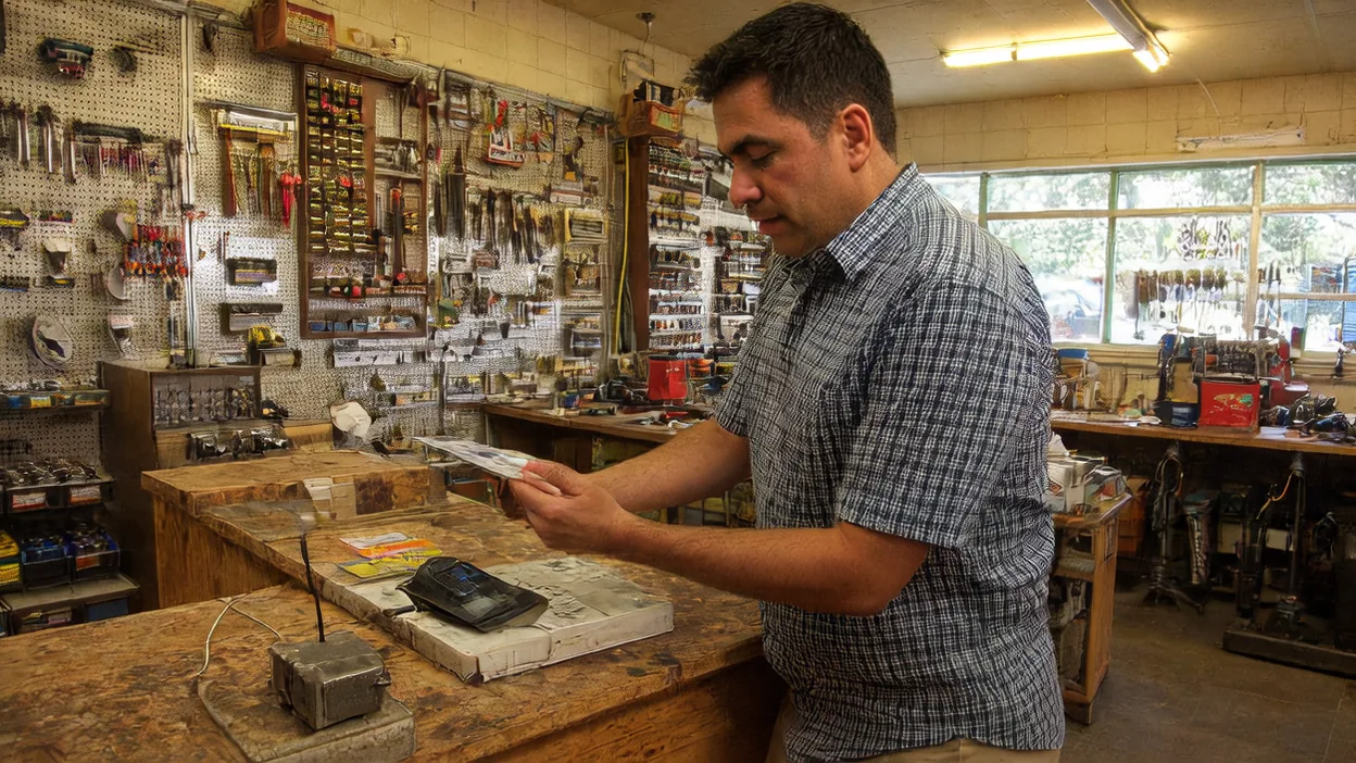 A hardware store owner checks the card terminal on his wooden checkout counter before opening, pegboard walls of tools behind him.