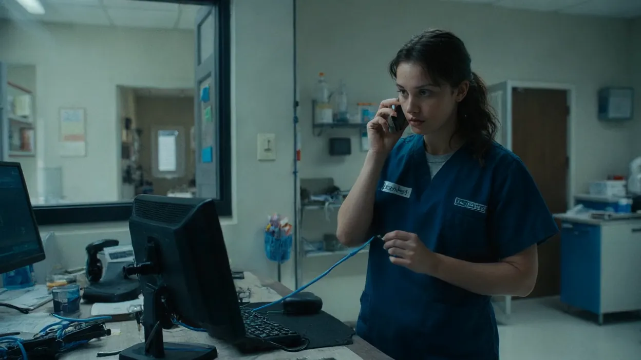 A veterinary clinic worker in navy scrubs talks on the phone while holding a blue network cable pulled from her workstation.
