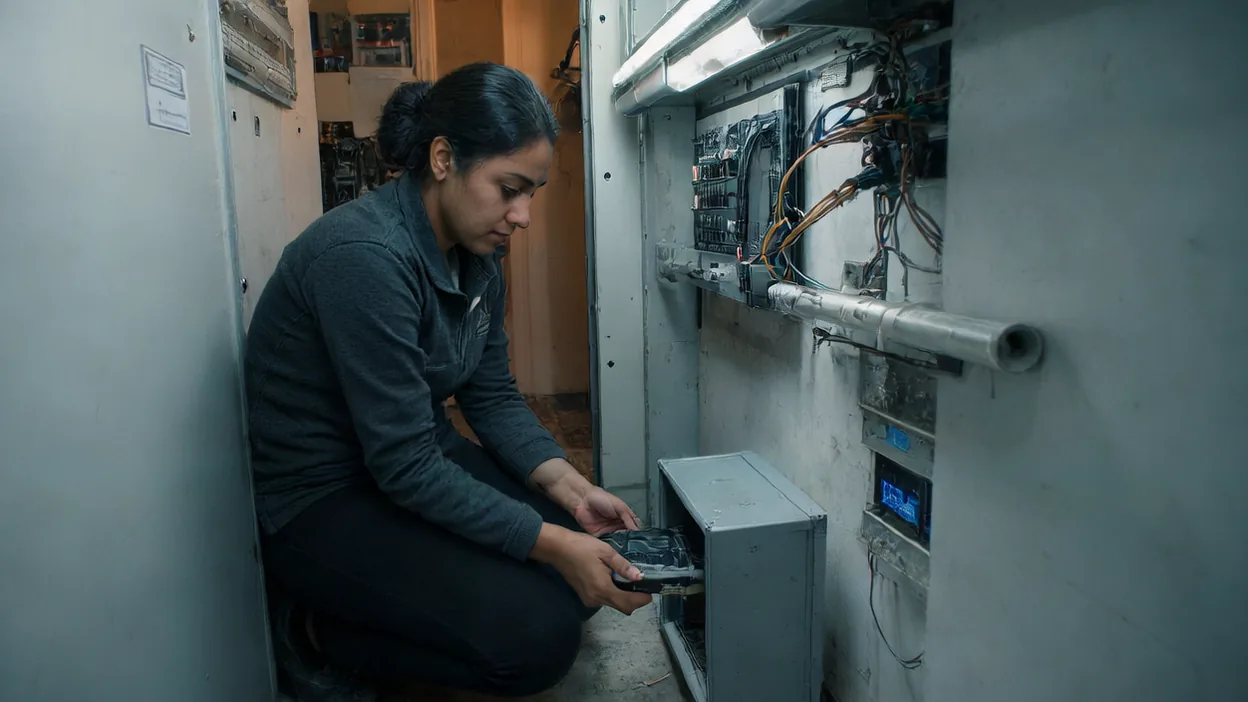 A technician kneels in a narrow equipment closet, placing a backup drive into a small metal safe.
