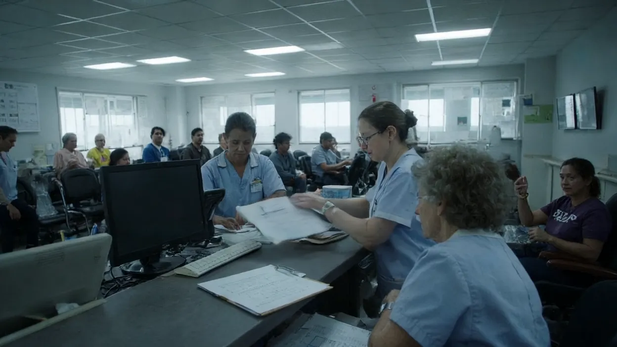 Front desk staff check in patients on paper in a busy medical office waiting room.