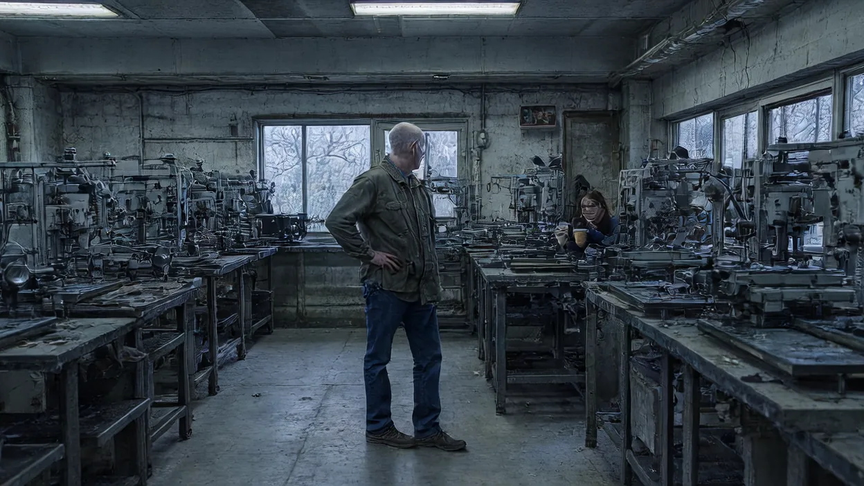 A machine shop owner stands with hands on hips among stopped machines on a gray morning while an operator waits at a bench.