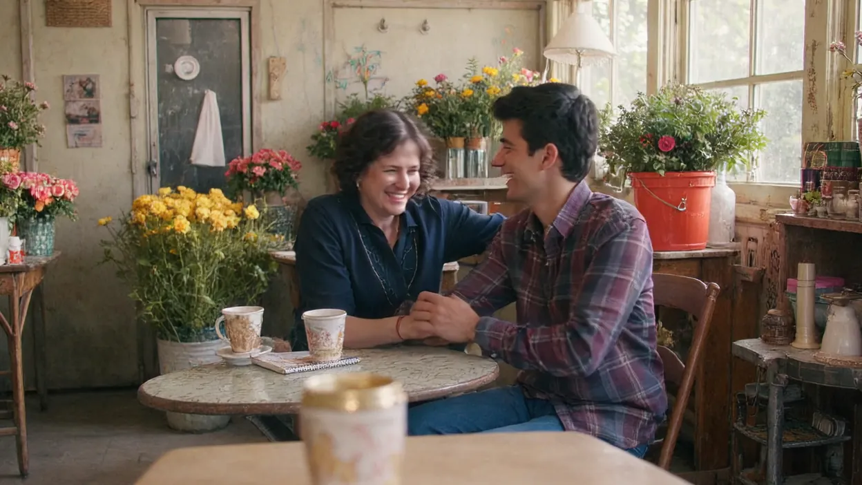A shop owner and her young nephew laugh over coffee at a small table in a flower shop.