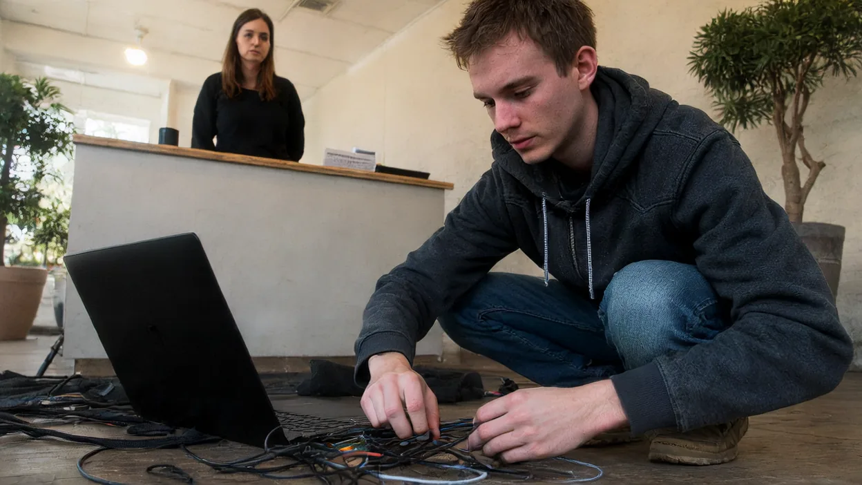 A young man in a hoodie crouches on the floor untangling a pile of cables beside a laptop while a woman watches from behind the front desk.