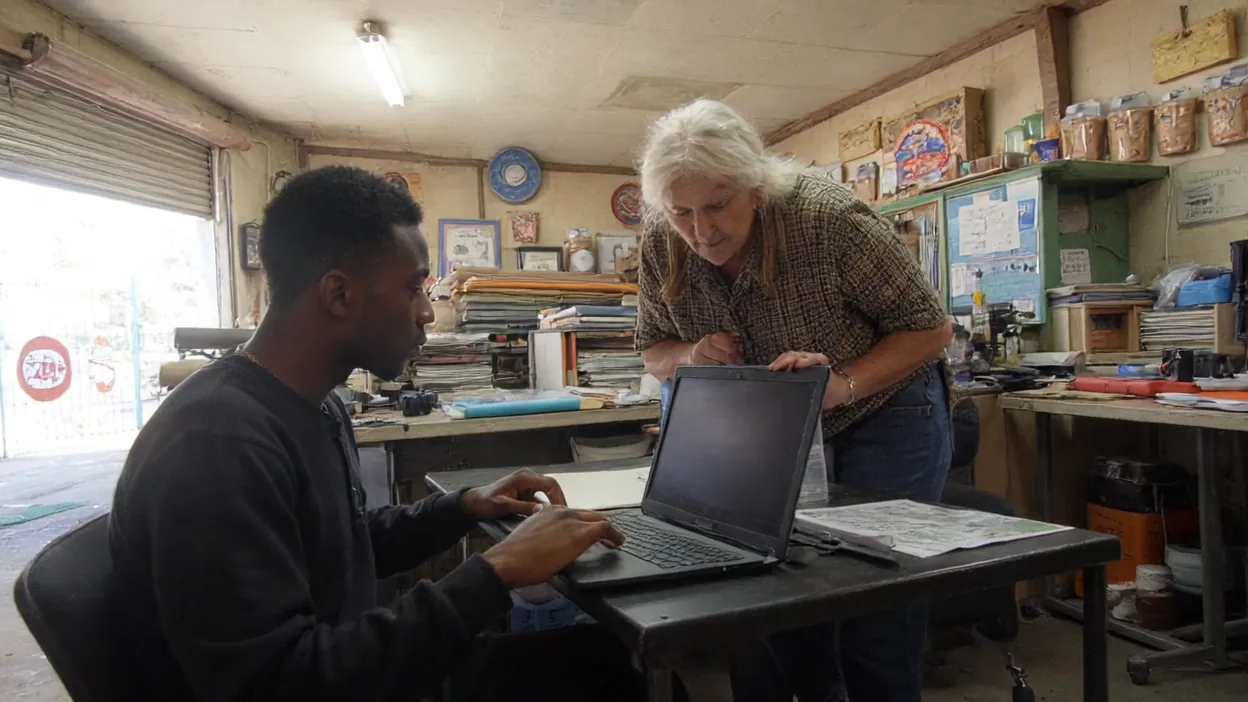 An employee at a laptop waits while the office manager leans in to look at his screen.