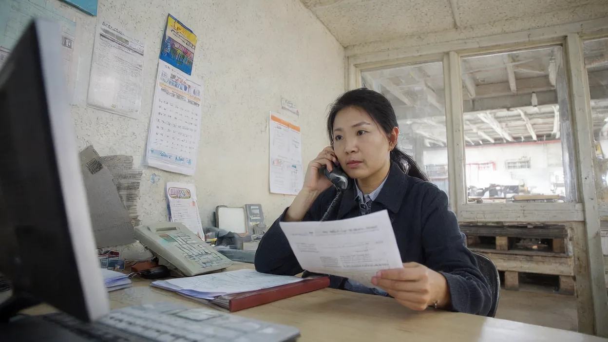 An office manager on a desk phone holds a printed invoice in a warehouse office, the loading area visible through the window.