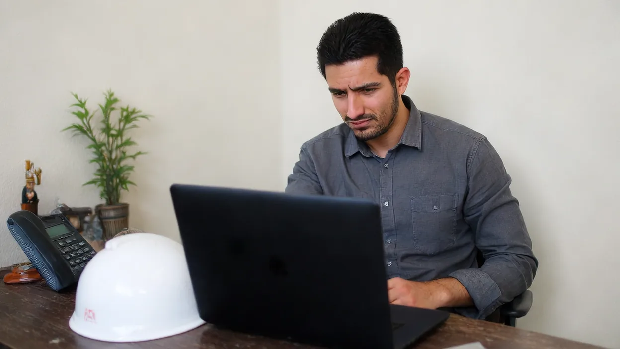 A frowning engineer in a gray shirt types on a laptop at a site office desk beside a white hard hat and a desk phone.