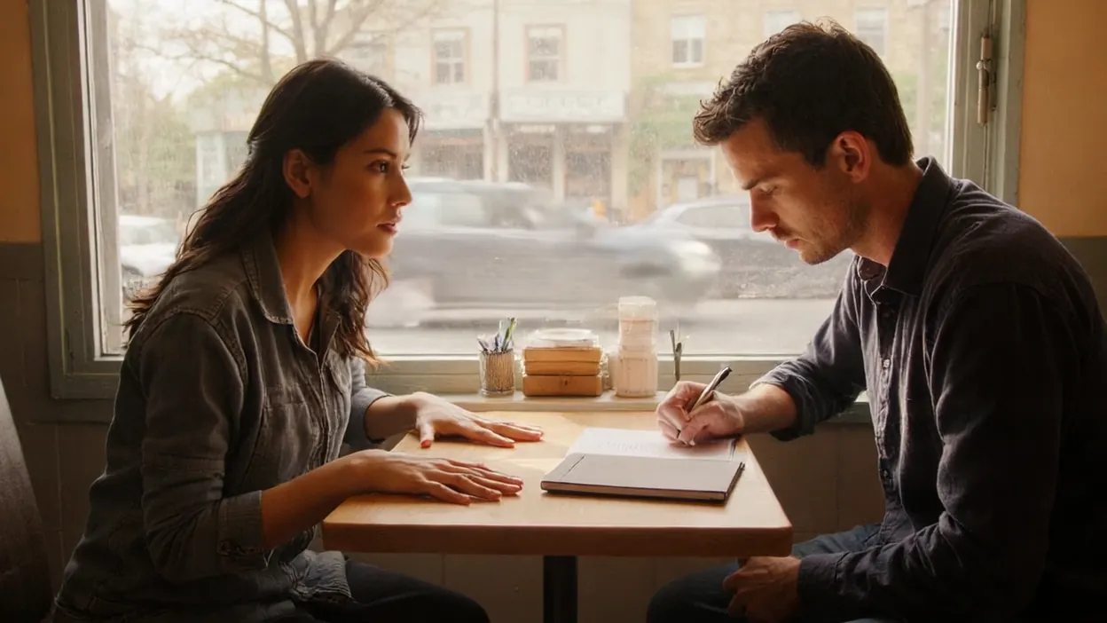 A woman with her hands flat on a cafe table talks with a man taking notes in a notebook, a main street visible through the window.