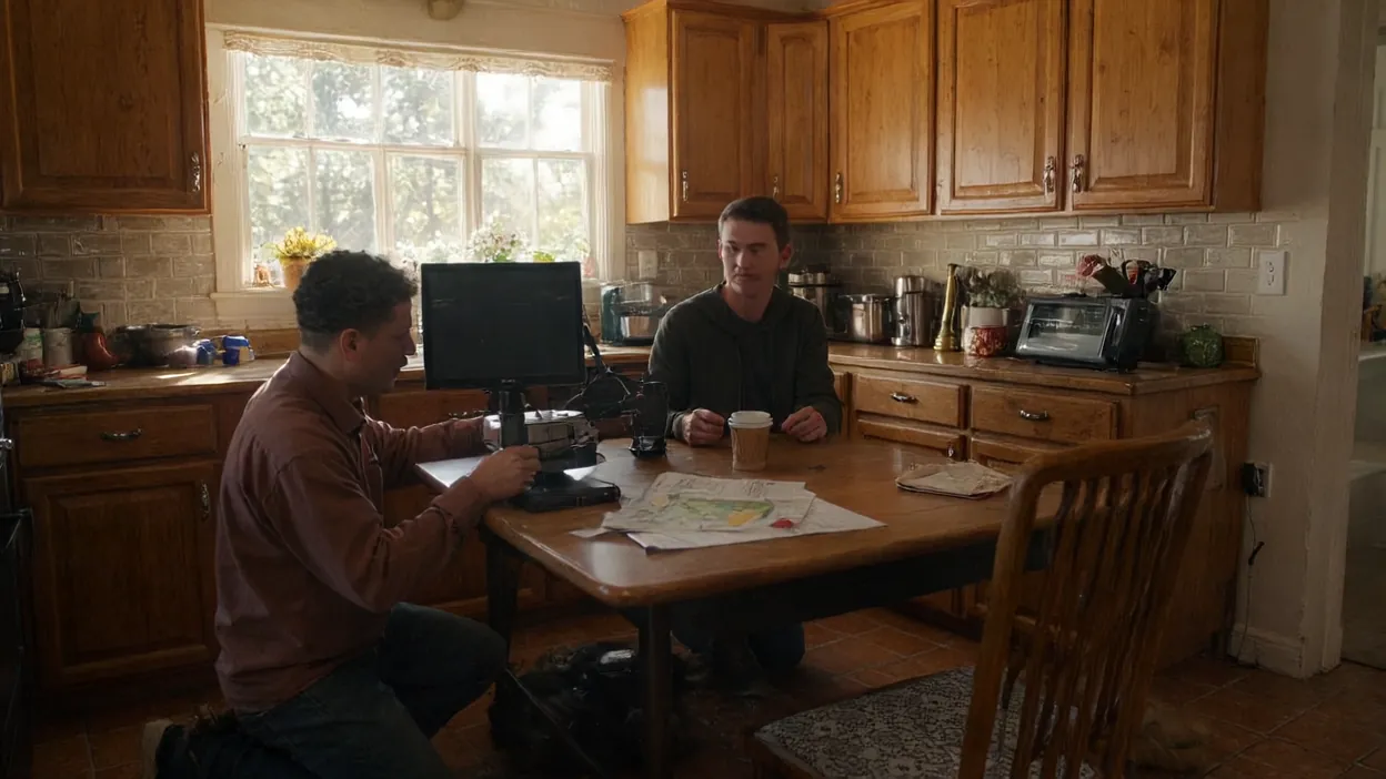 A technician sets up a computer at a kitchen table for a man working from home.