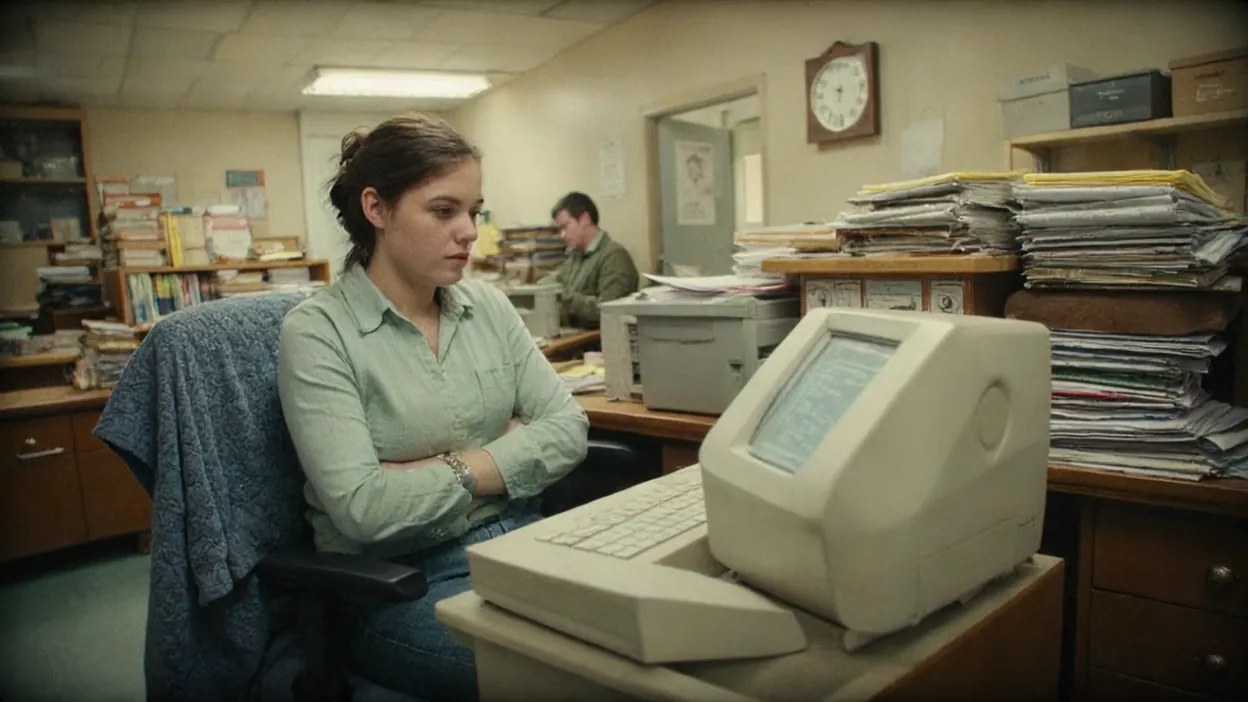 An employee waits with her arms crossed at a very old computer in a cluttered office.