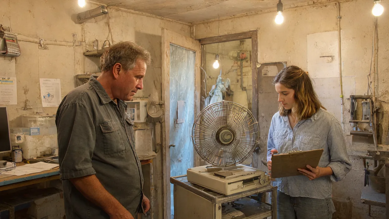 A business owner and a technician with a clipboard look over an old server cooled by a desk fan in a dusty back room.