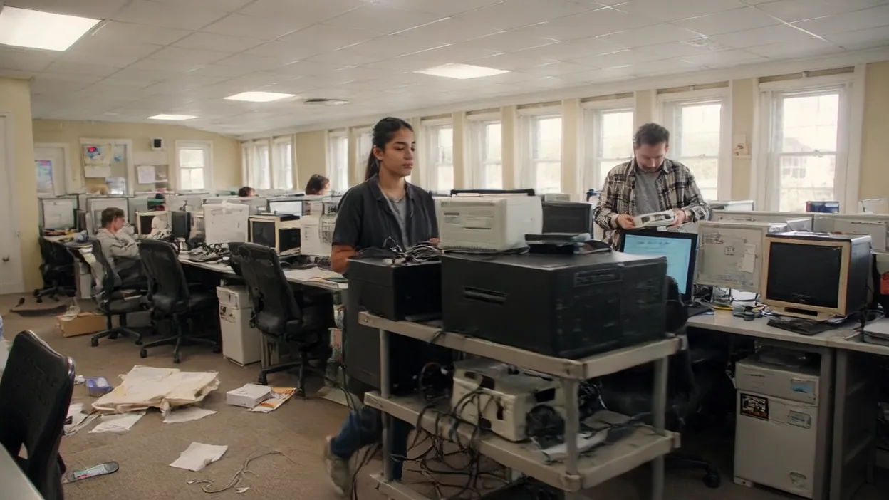 Staff wheel carts of old desktop computers through an open-plan office as the machines are replaced.